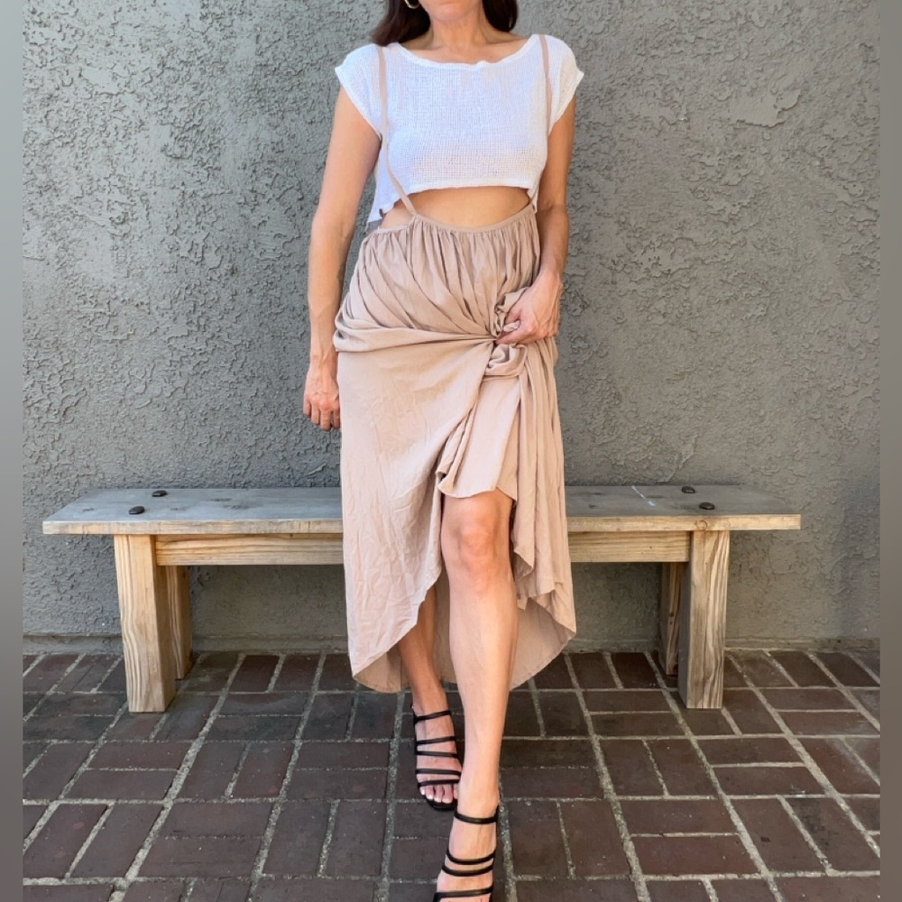 Sandmade Tan Women's dress and white cropped mesh top